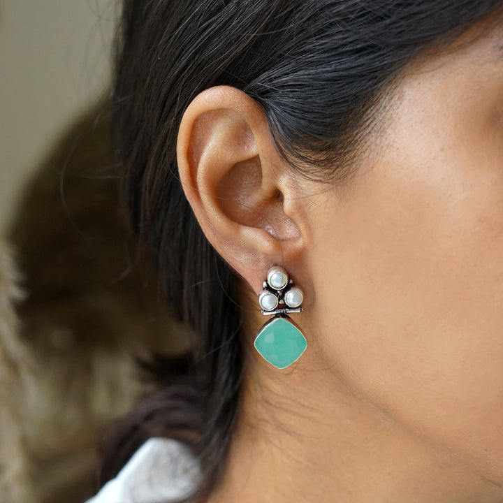 Teejh Delisha  Light Blue Stone Silver Oxidised  Stud Earrings