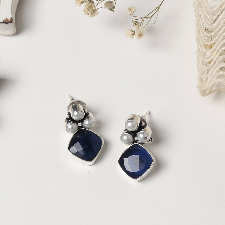 Teejh Delisha Blue Stone Silver Oxidised  Stud Earrings