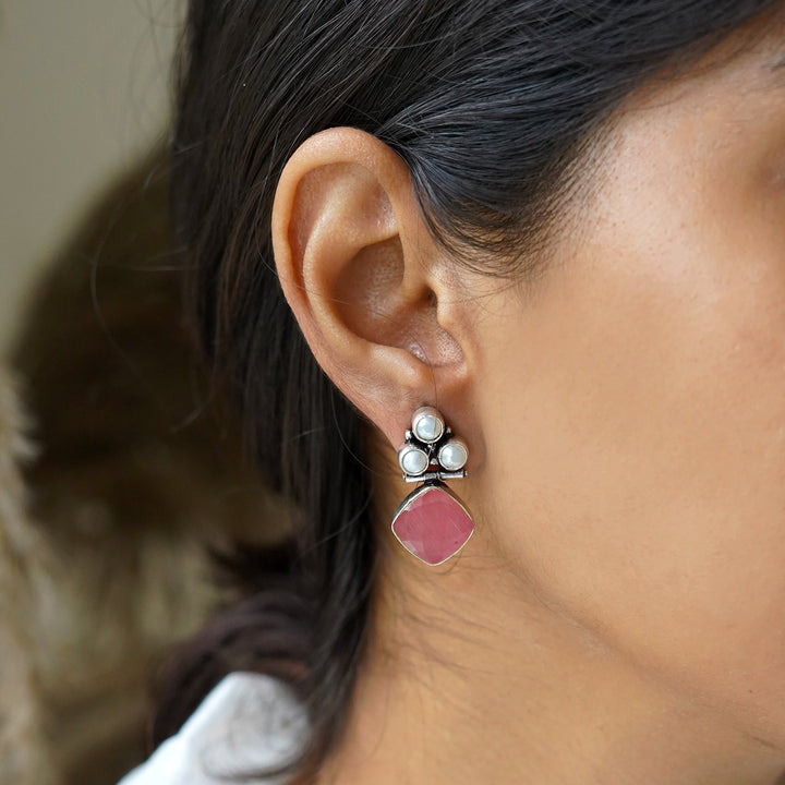 Teejh Delisha Pink Stone Silver Oxidised  Stud Earrings