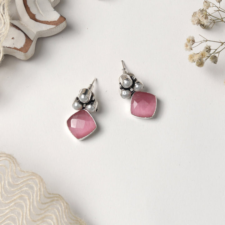 Teejh Delisha Pink Stone Silver Oxidised  Stud Earrings