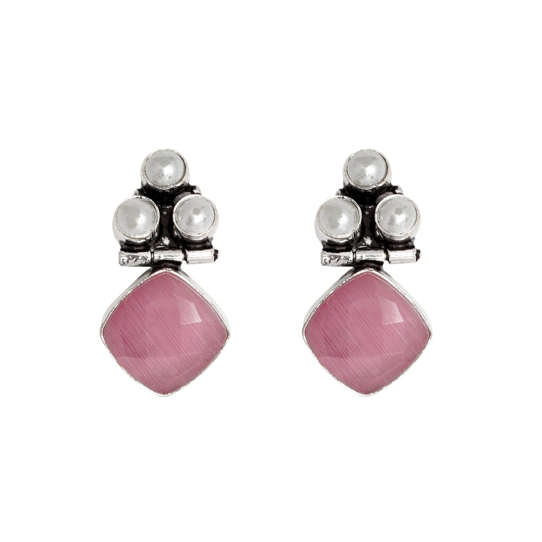 Teejh Delisha Pink Stone Silver Oxidised  Stud Earrings