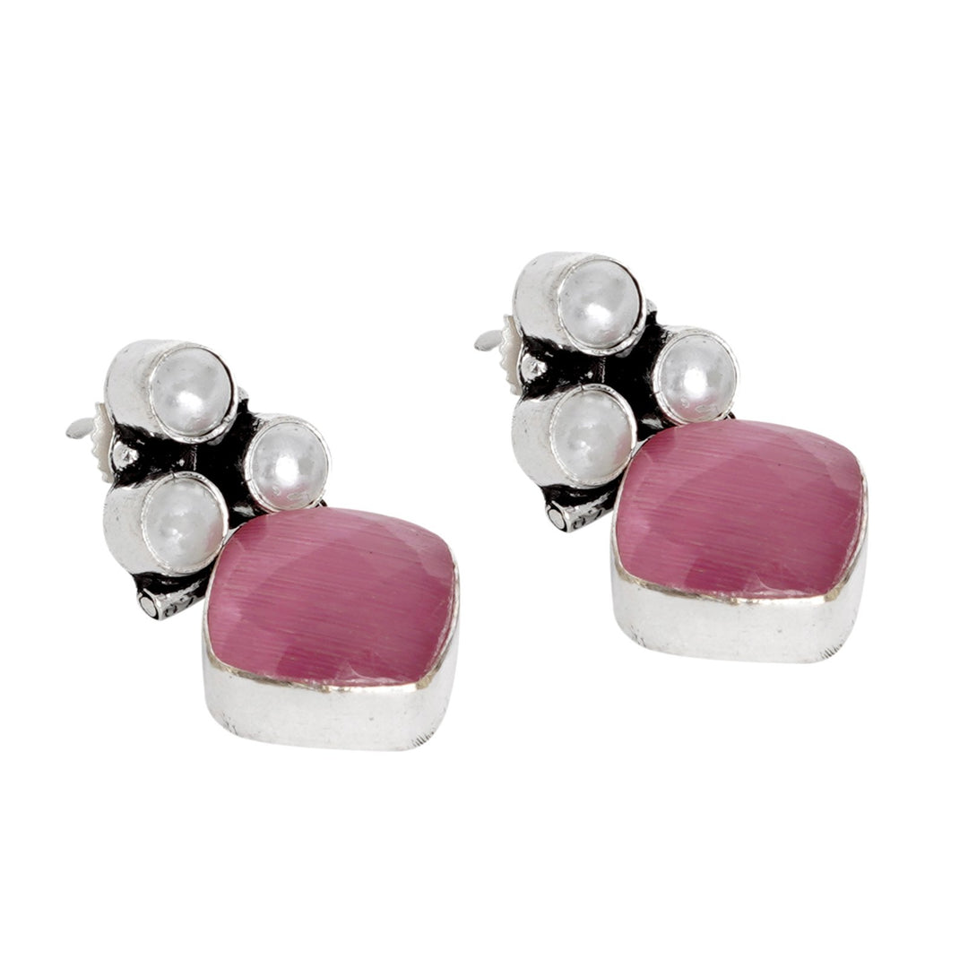 Teejh Delisha Pink Stone Silver Oxidised  Stud Earrings