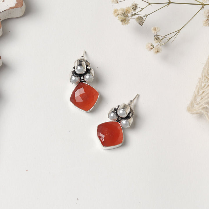 Teejh Delisha Orange Stone Silver Oxidised  Stud Earrings
