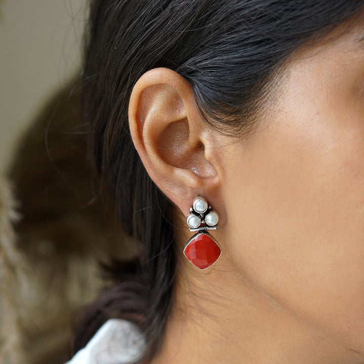 Teejh Delisha  Red Stone Silver Oxidised  Stud Earrings