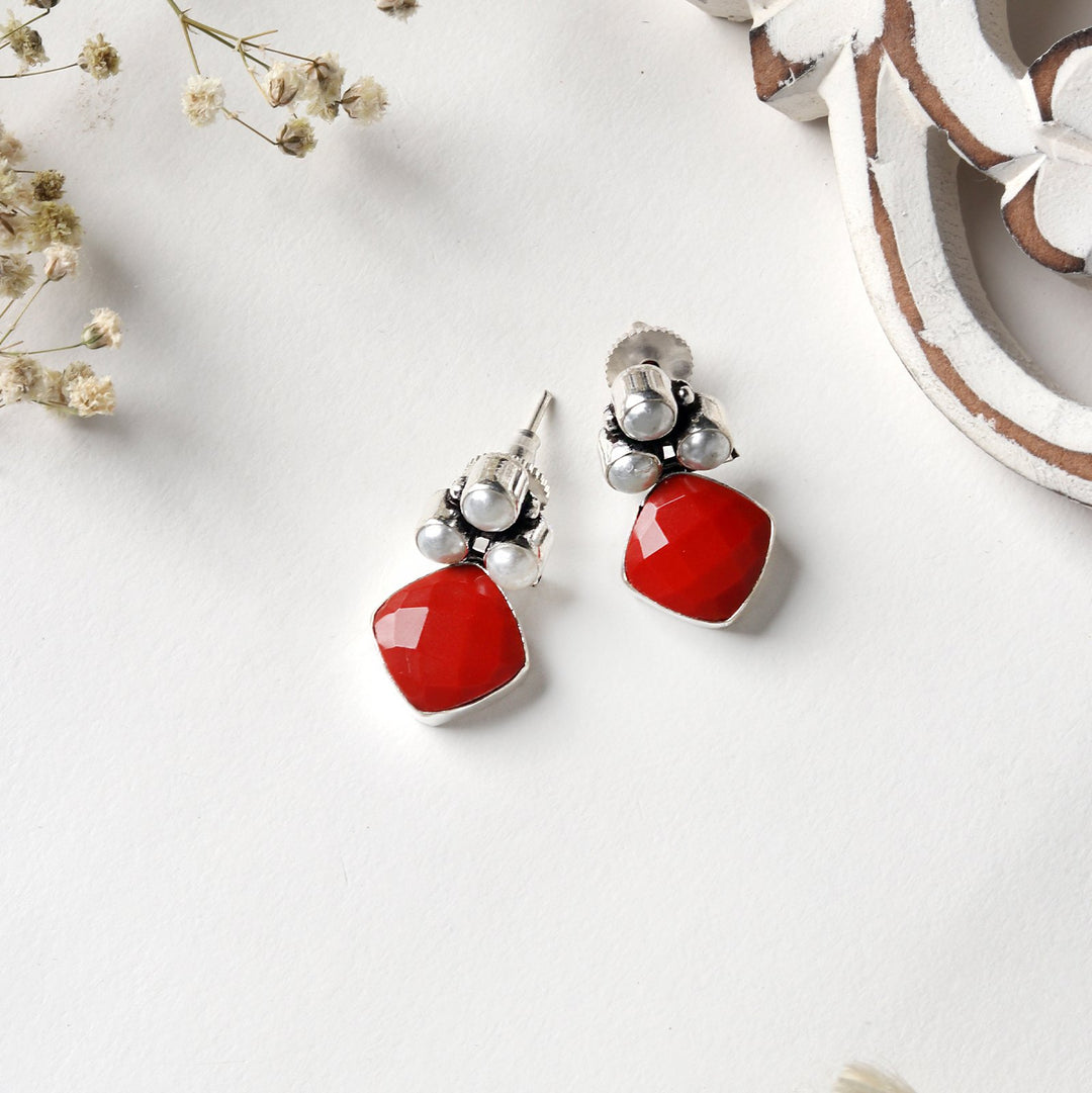 Teejh Delisha  Red Stone Silver Oxidised  Stud Earrings