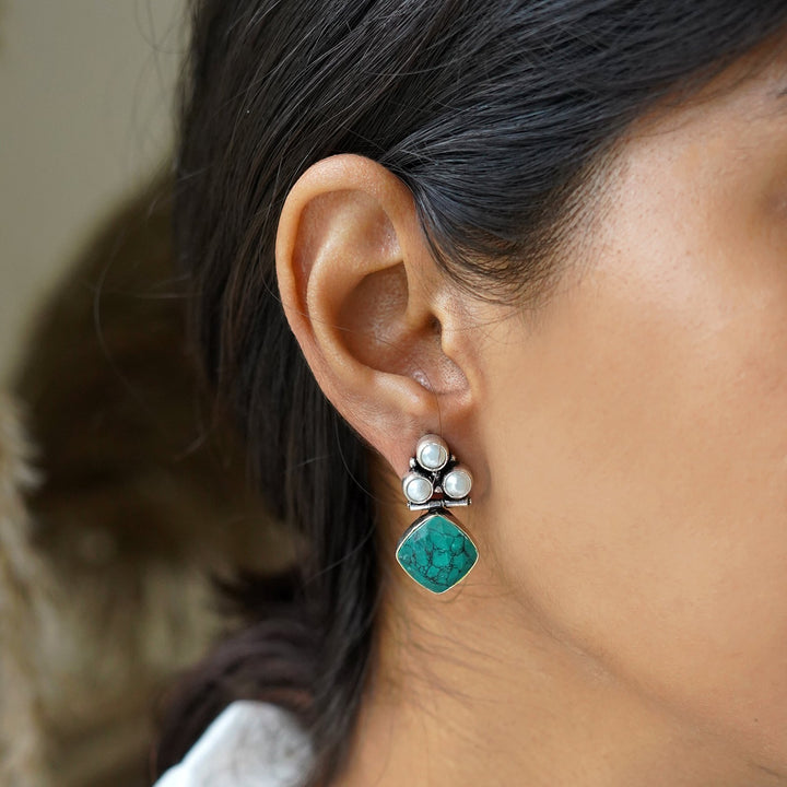 Teejh Delisha Turquoise Stone Silver Oxidised  Stud Earrings