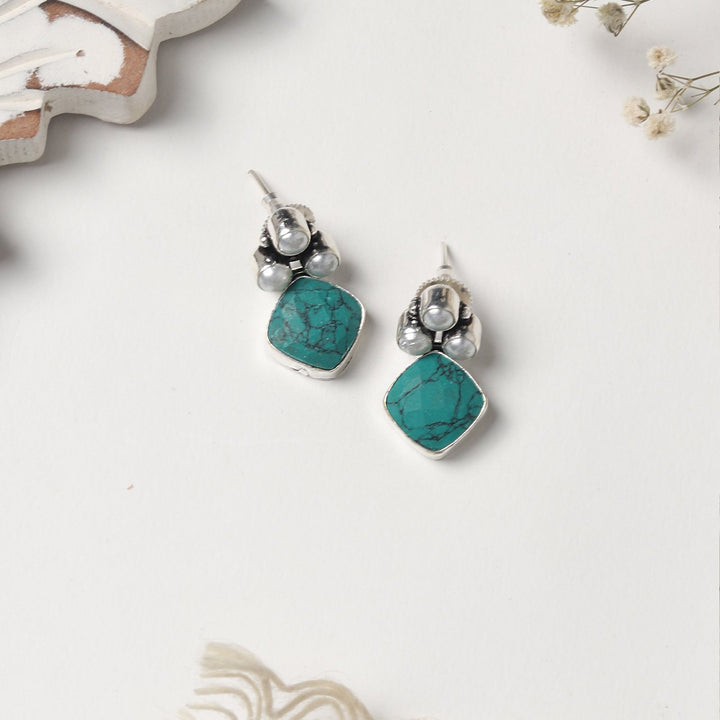 Teejh Delisha Turquoise Stone Silver Oxidised  Stud Earrings
