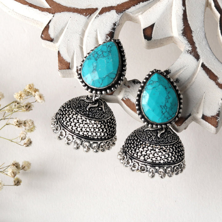 Teejh Shanya Turquoise Stone Silver Oxidised Earrings