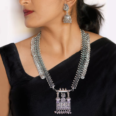 Kaveesha Silver Oxidized Peacock Necklace Set - Joker & Witch