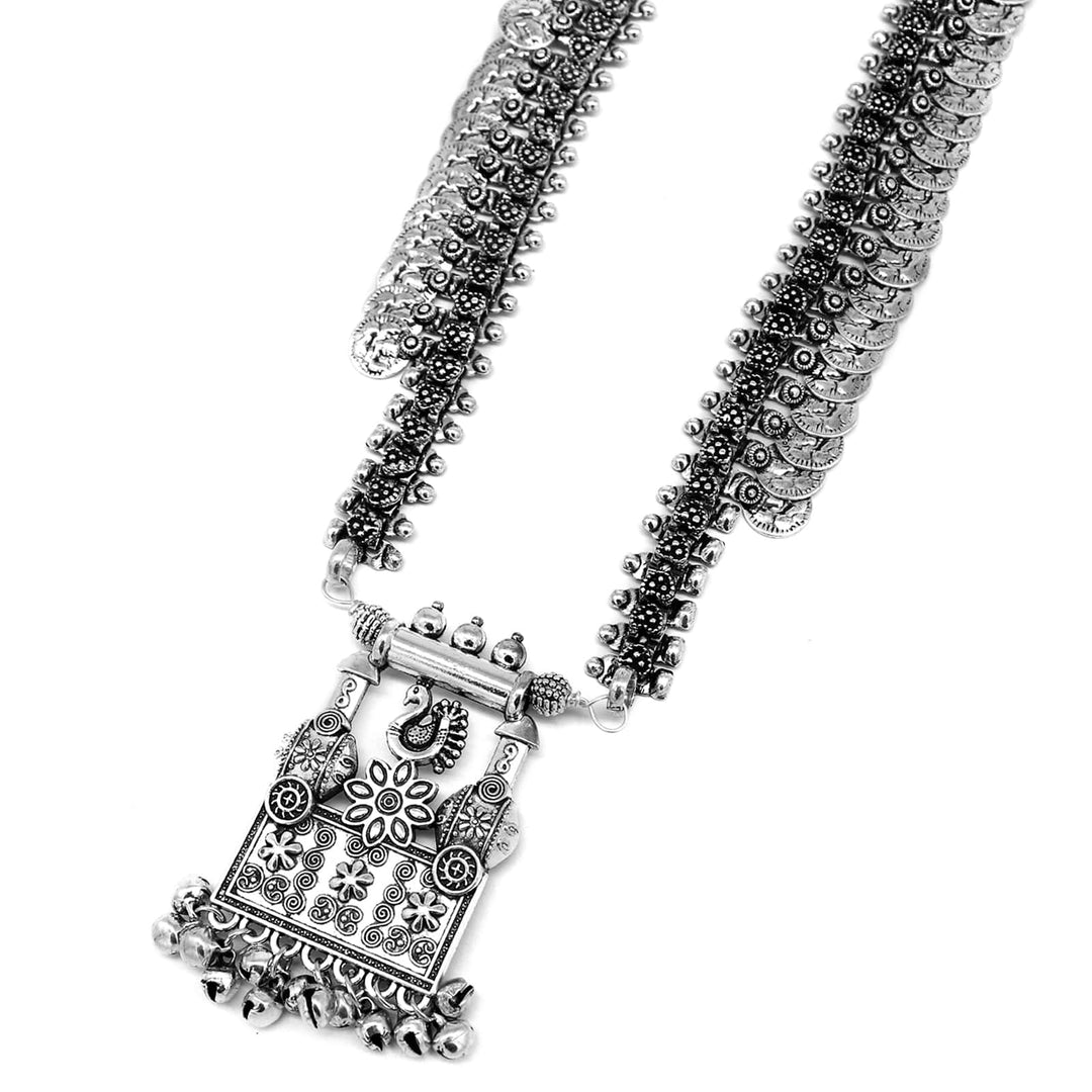 Kaveesha Silver Oxidized Peacock Necklace Set - Joker & Witch