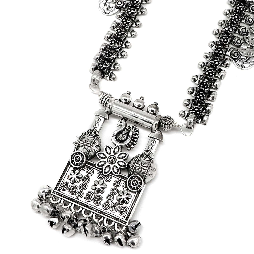 Kaveesha Silver Oxidized Peacock Necklace Set - Joker & Witch