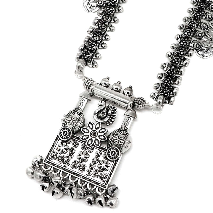 Kaveesha Silver Oxidized Peacock Necklace Set - Joker & Witch