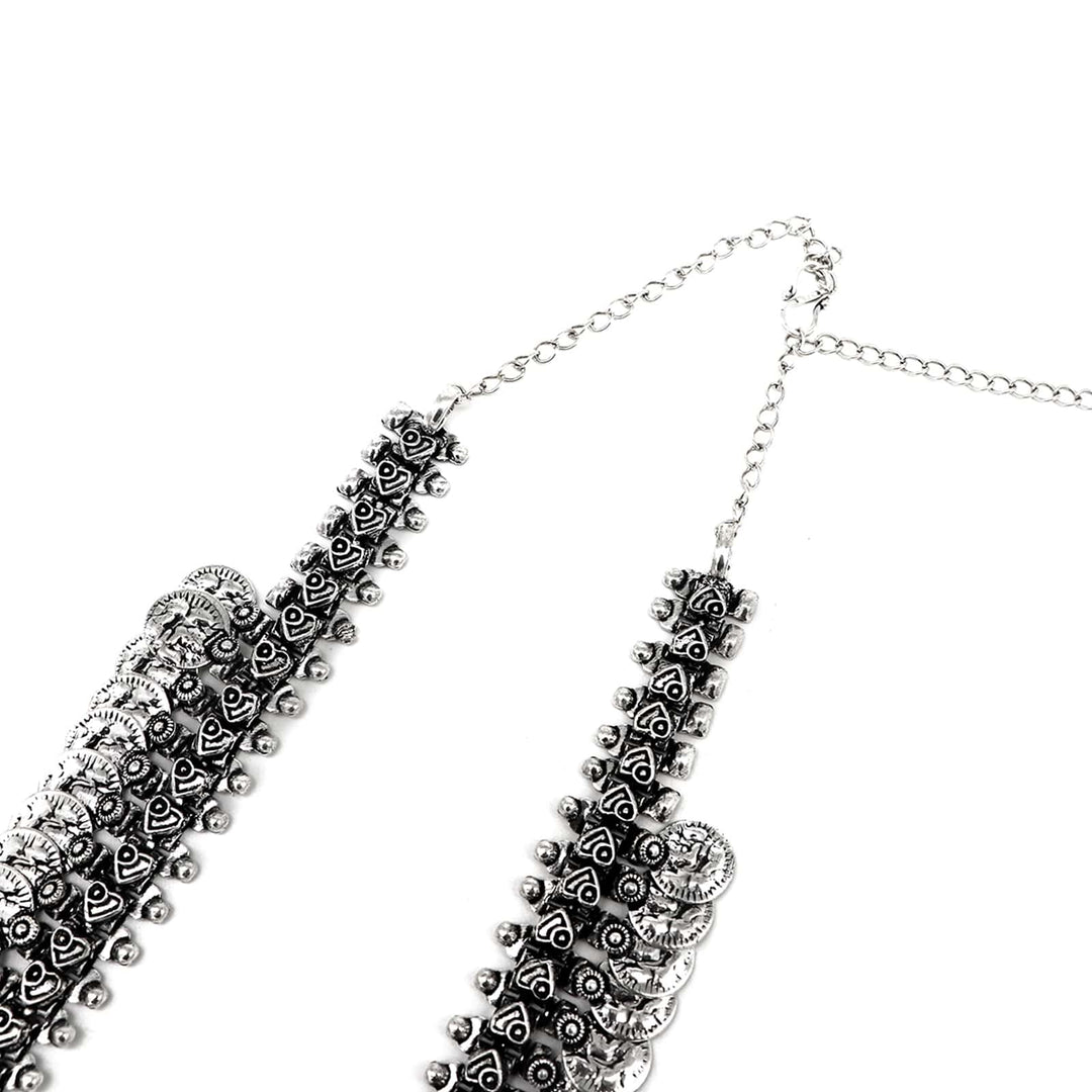 Kaveesha Silver Oxidized Peacock Necklace Set - Joker & Witch