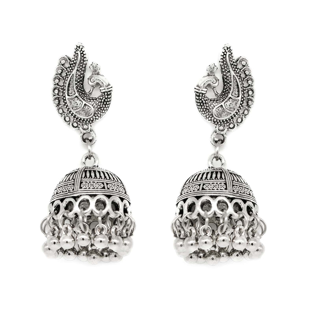 Kaveesha Silver Oxidized Peacock Necklace Set - Joker & Witch