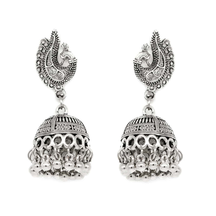 Kaveesha Silver Oxidized Peacock Necklace Set - Joker & Witch
