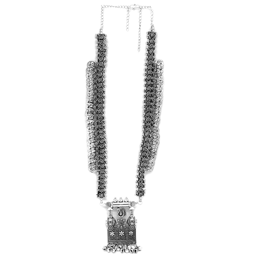 Kaveesha Silver Oxidized Peacock Necklace Set - Joker & Witch
