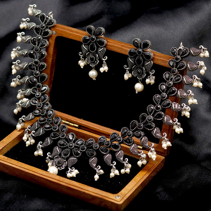 Niranjana Black Stone Silver Oxidized Necklace Set - Joker & Witch