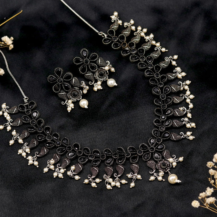 Niranjana Black Stone Silver Oxidized Necklace Set - Joker & Witch