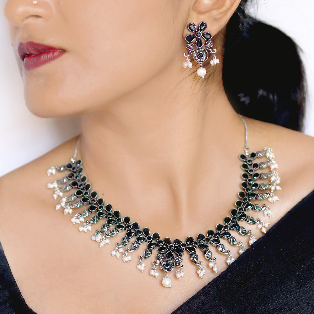 Niranjana Black Stone Silver Oxidized Necklace Set - Joker & Witch