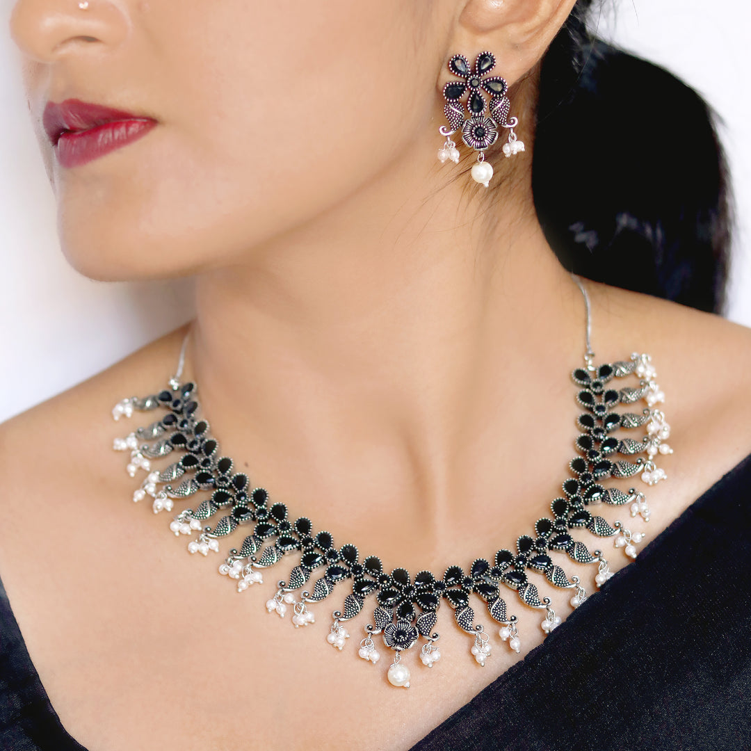 Niranjana Black Stone Silver Oxidized Necklace Set - Joker & Witch