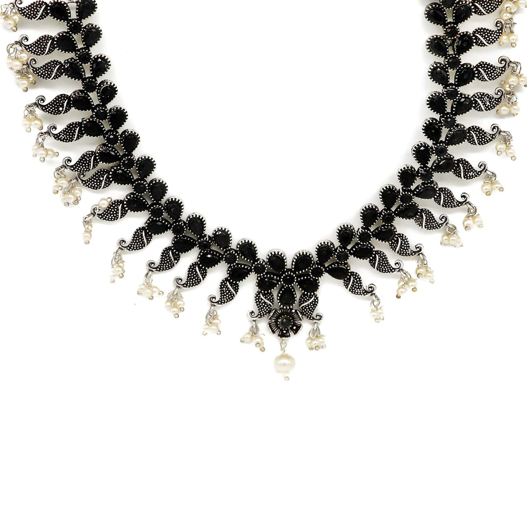 Niranjana Black Stone Silver Oxidized Necklace Set - Joker & Witch