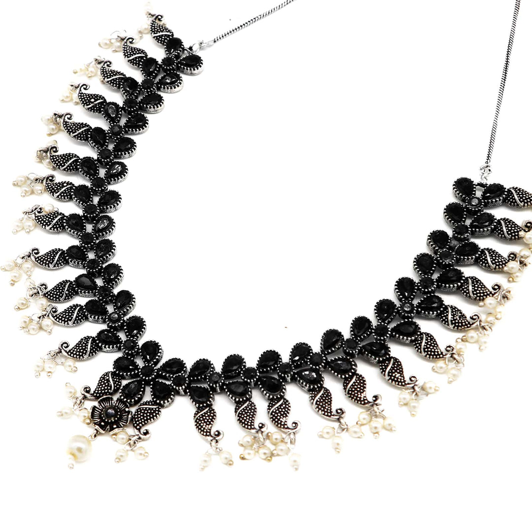Niranjana Black Stone Silver Oxidized Necklace Set - Joker & Witch
