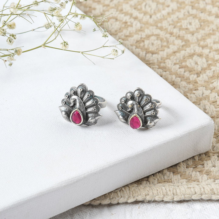 Teejh Indira Peacock Silver Oxidised Toe Rings
