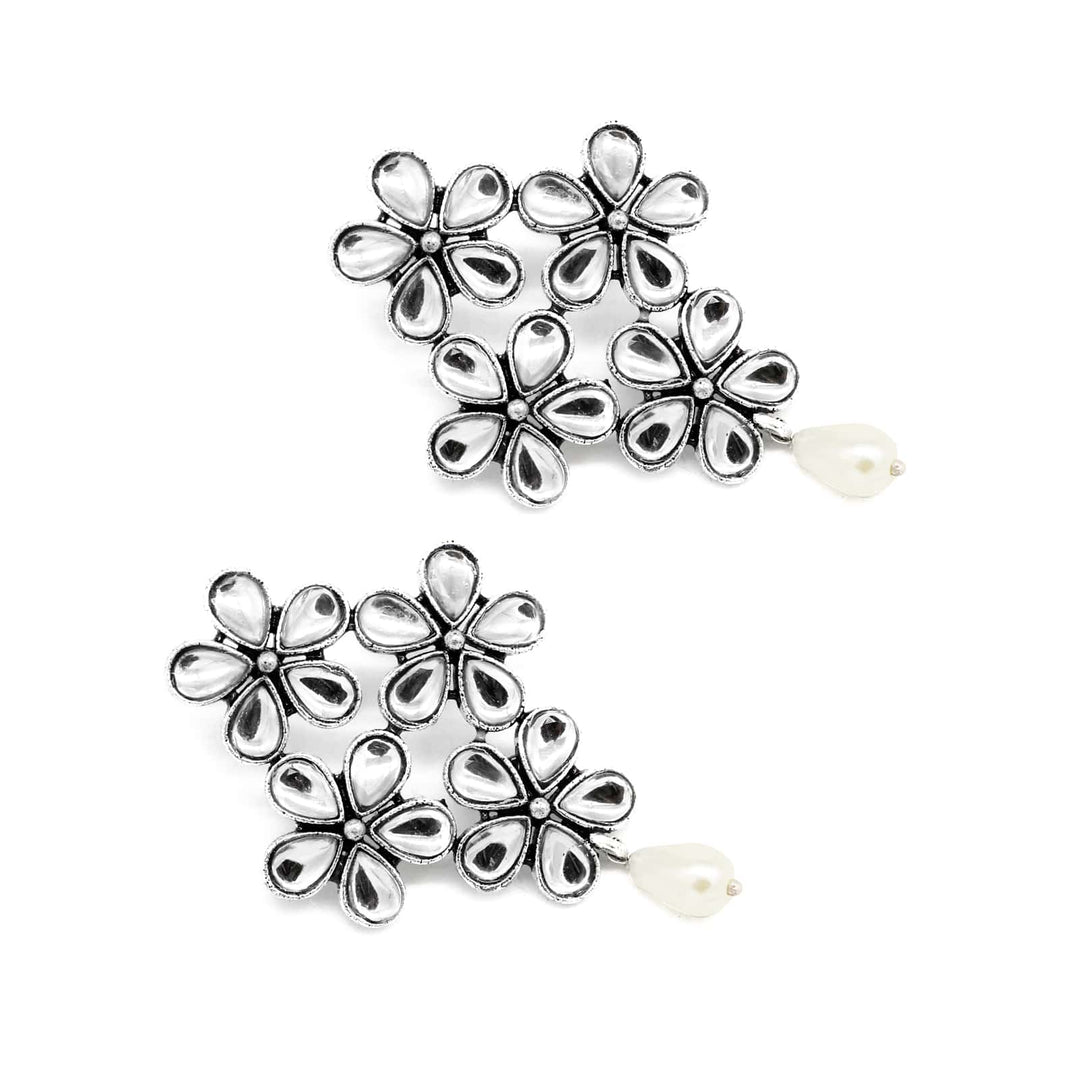 Vamika Floral Polki Silver Oxidized Earrings - Joker & Witch