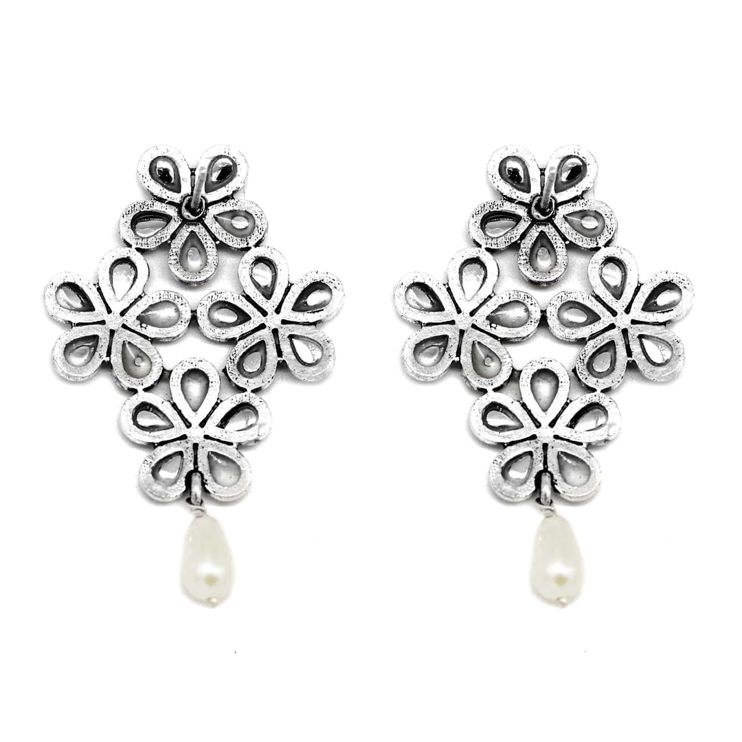 Vamika Floral Polki Silver Oxidized Earrings - Joker & Witch