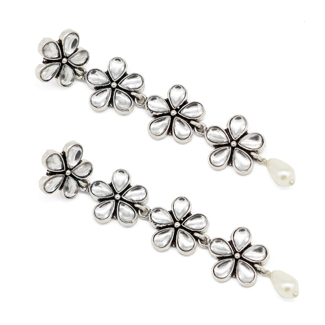 Aathavi Floral Polki Silver Oxidized Earrings - Joker & Witch