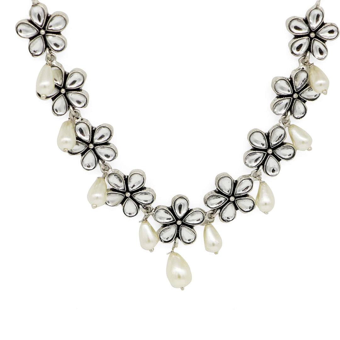 Abhita Floral Polki Silver Oxidized Necklace - Joker & Witch