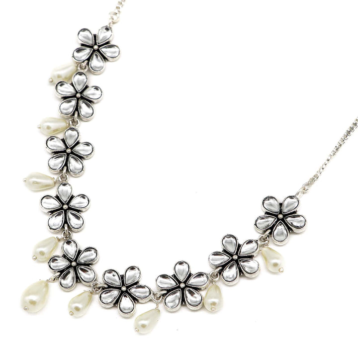 Abhita Floral Polki Silver Oxidized Necklace - Joker & Witch