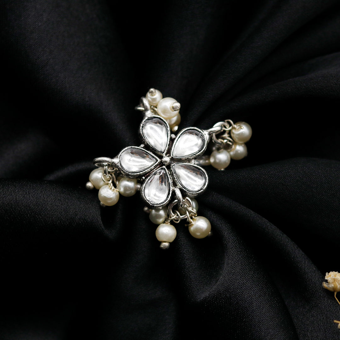 Yaksha Floral Polki Silver Oxidized Ring - Joker & Witch