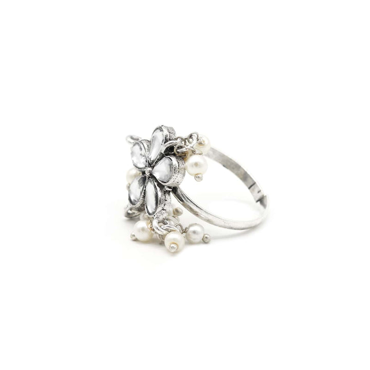 Yaksha Floral Polki Silver Oxidized Ring - Joker & Witch
