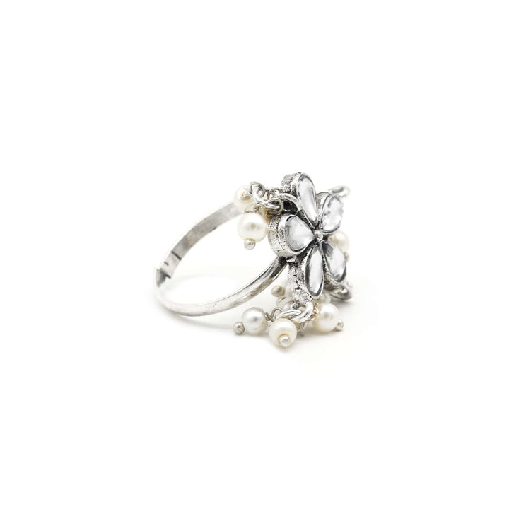 Yaksha Floral Polki Silver Oxidized Ring - Joker & Witch