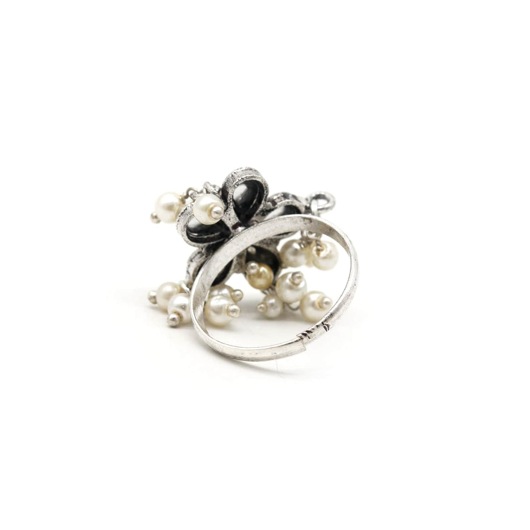 Yaksha Floral Polki Silver Oxidized Ring - Joker & Witch