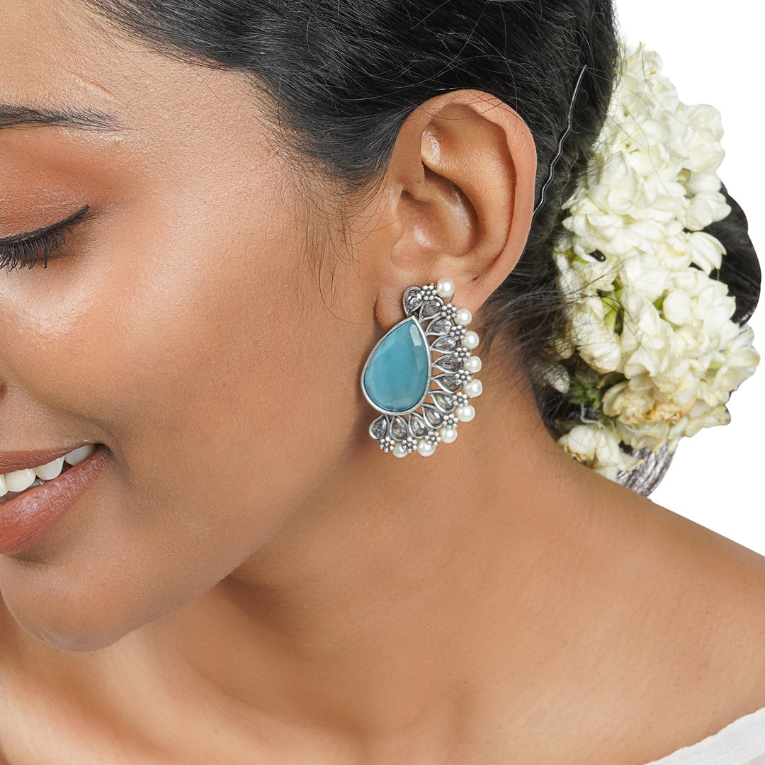 Teejh Mahir Blue Silver Oxidised Earrings