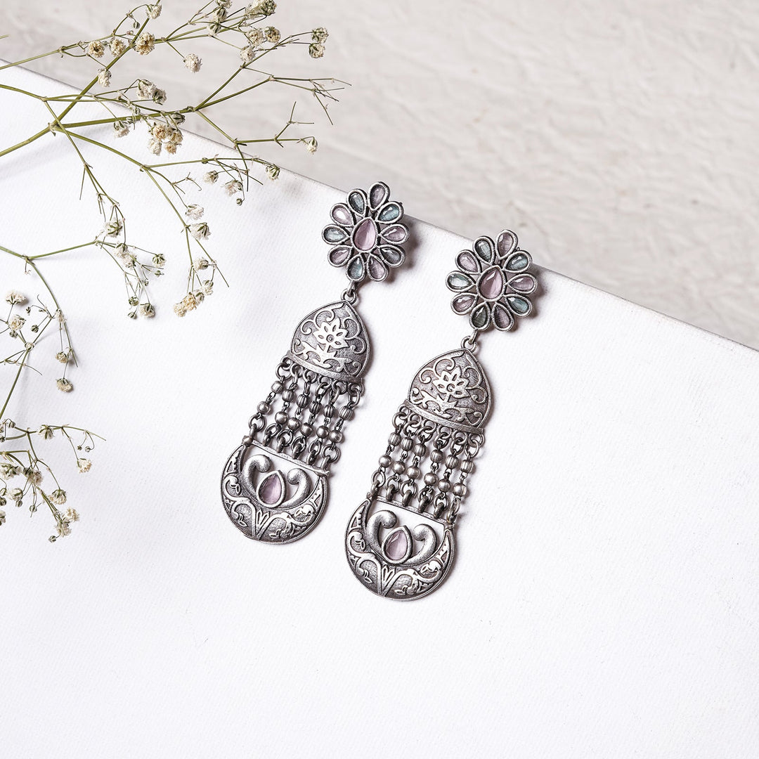 Teejh Bina Floral Pink & Green Silver Oxidised Earrings