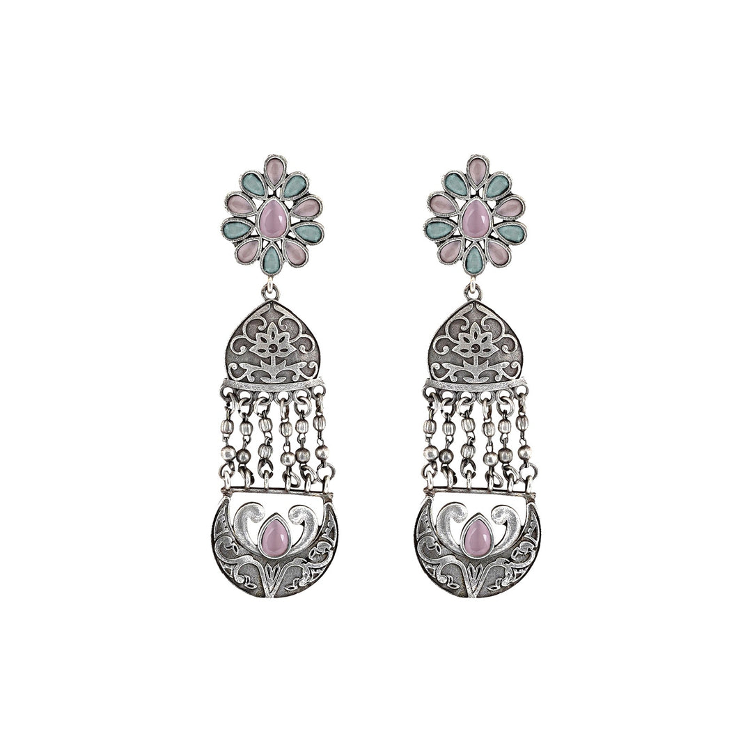 Teejh Bina Floral Pink & Green Silver Oxidised Earrings