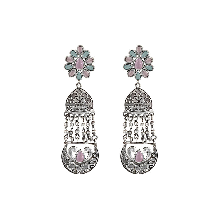 Teejh Bina Floral Pink & Green Silver Oxidised Earrings