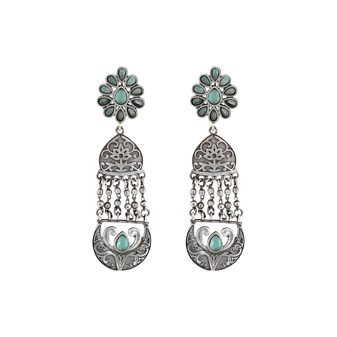 Teejh Bina Floral Green Silver Oxidised Earrings
