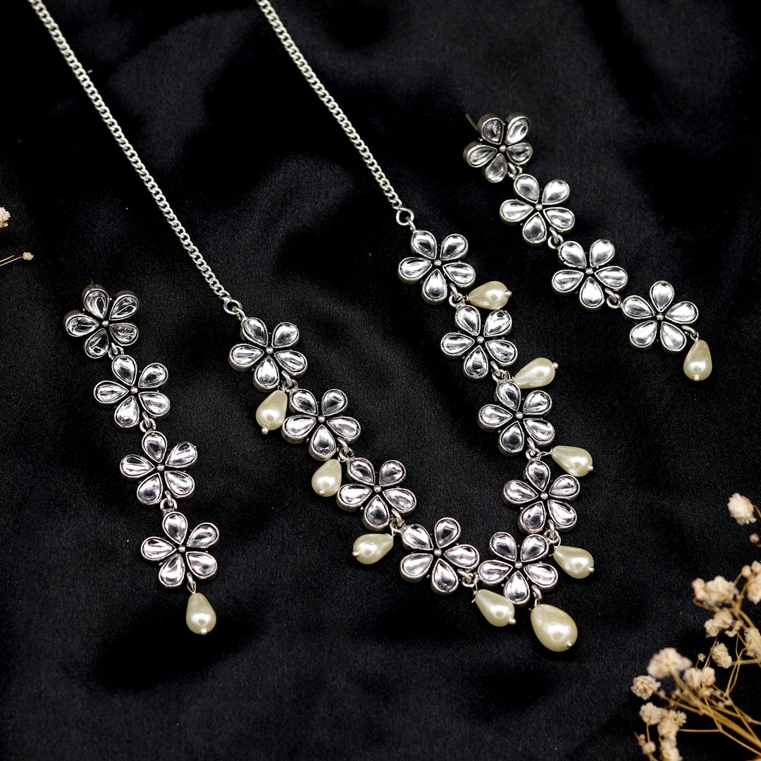 Saadhvi Silver Oxidised polki Necklace Set - Joker & Witch