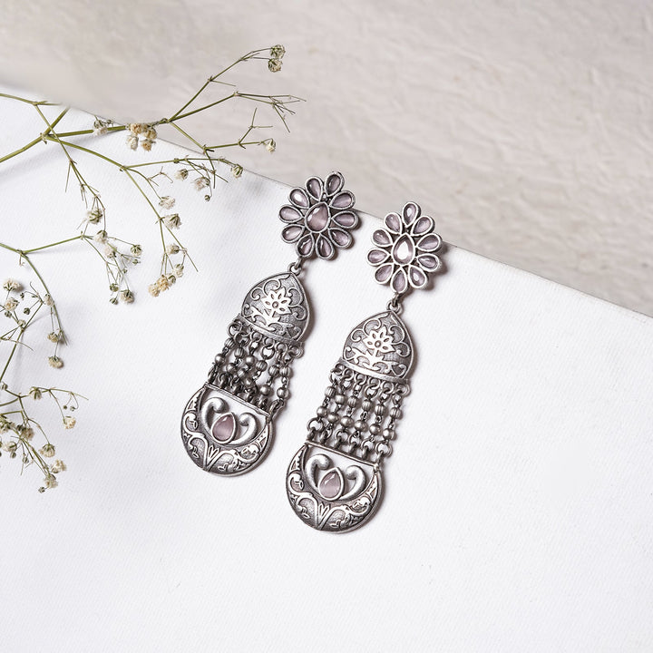 Teejh Bina Floral Pink  Silver Oxidised Earrings