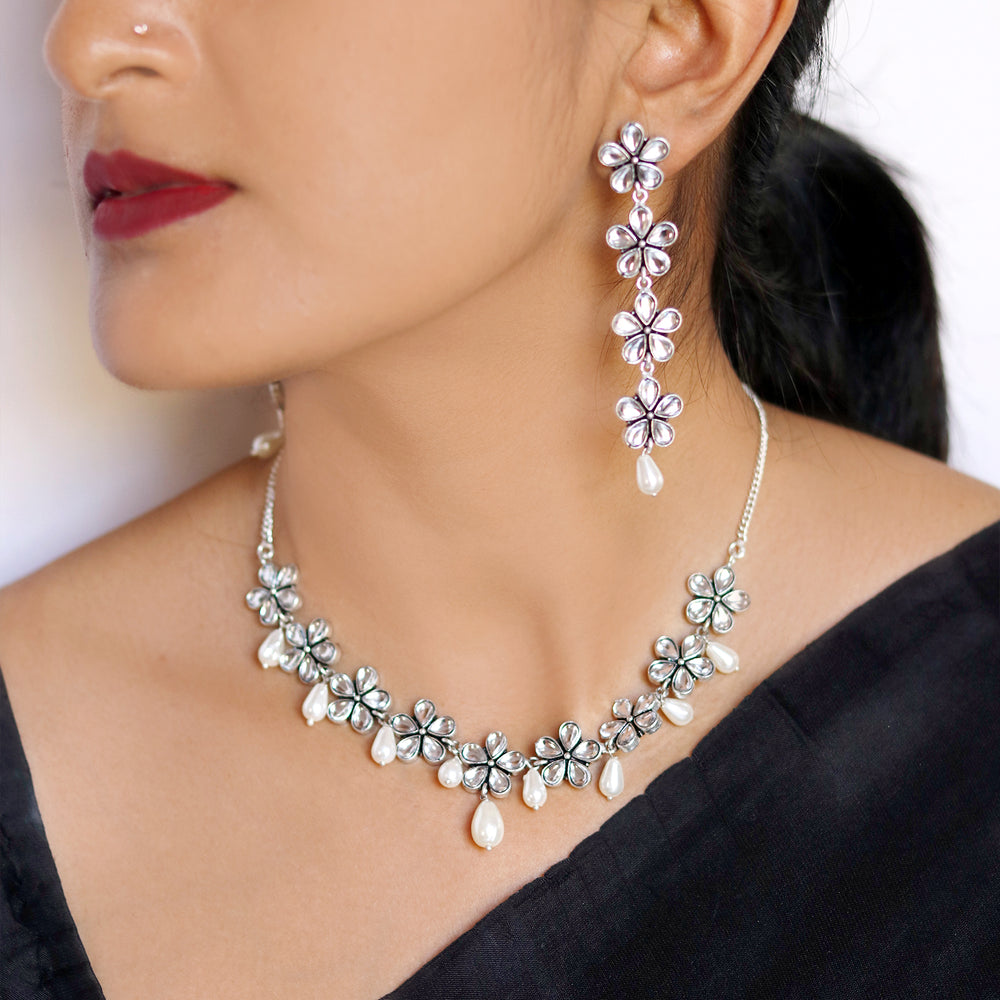 Saadhvi Silver Oxidised polki Necklace Set - Joker & Witch