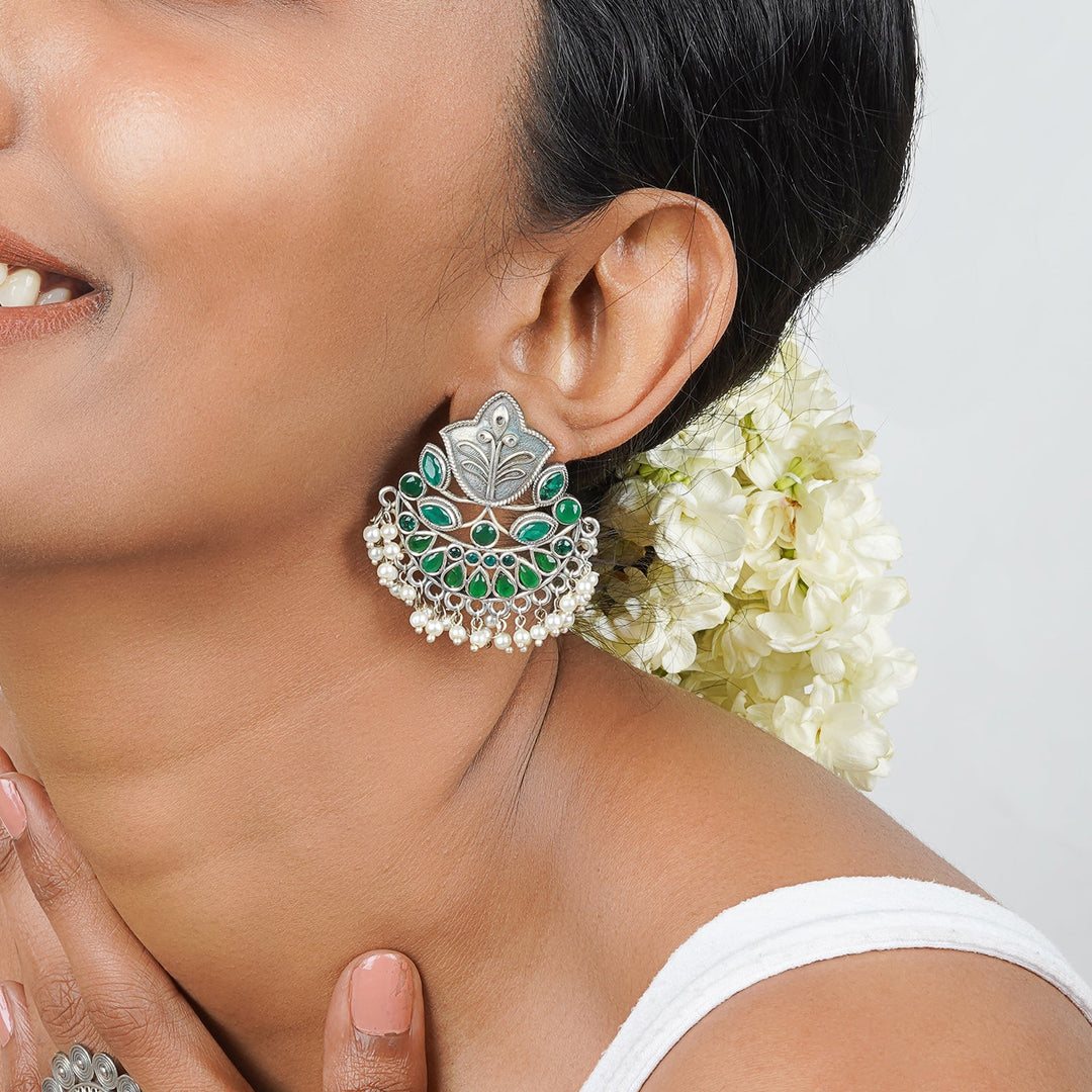 Teejh Nimrat Green Stone Silver Oxidised Earrings