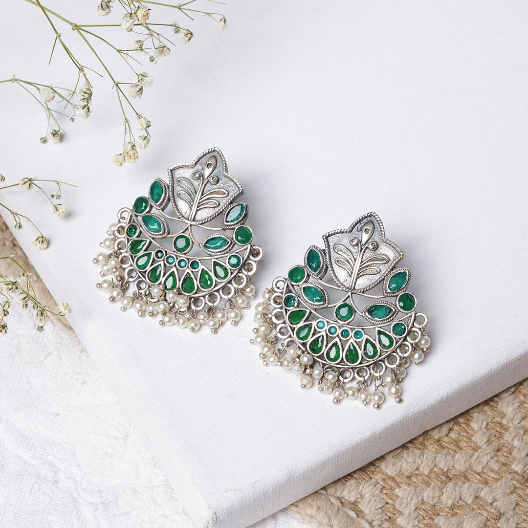 Teejh Nimrat Green Stone Silver Oxidised Earrings