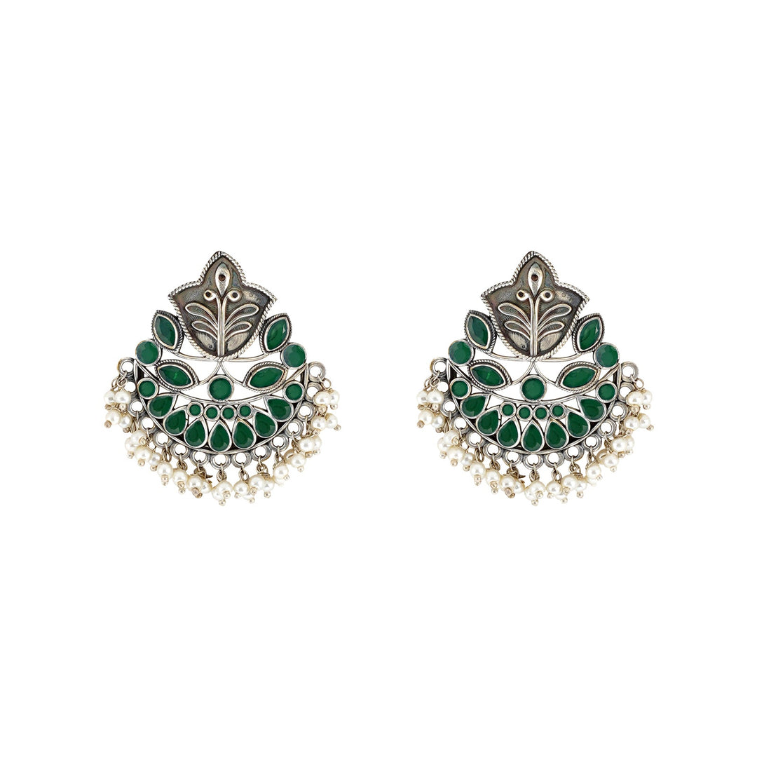 Teejh Nimrat Green Stone Silver Oxidised Earrings