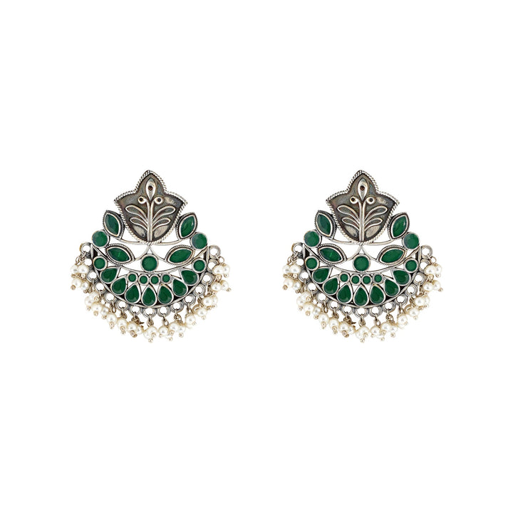 Teejh Nimrat Green Stone Silver Oxidised Earrings