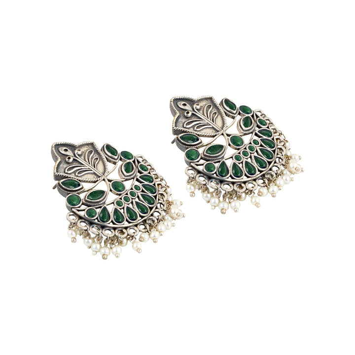 Teejh Nimrat Green Stone Silver Oxidised Earrings