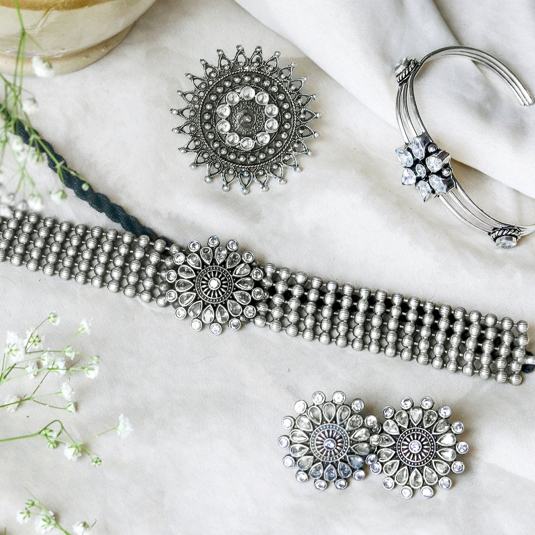 Teejh Zuri White Stone Silver Oxidized Jewellery Gift Set - Joker & Witch